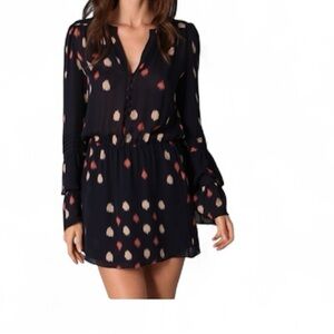 Parker silk navy blue abstract print long bell sleeve mini dress size small